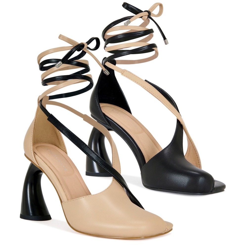 AZALEA WANG Rosendo Tan Black Wrap Up Chunky Pump Mismatched Square Toe Heel 11